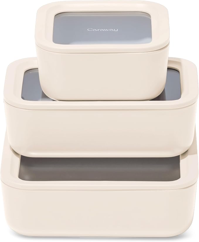 Caraway 3pc Glass Food Storage Set – 10 Cup, 6.6 Cup, & 4.4 Cup Food Containers by Caraway