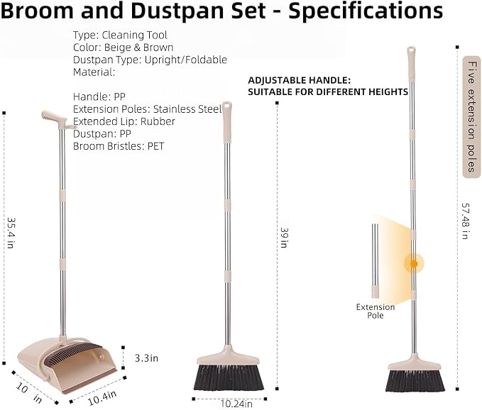 Broom and Dustpan Set with 57.4 Inch Adjustable Stainless Steel Handle - Image 2
