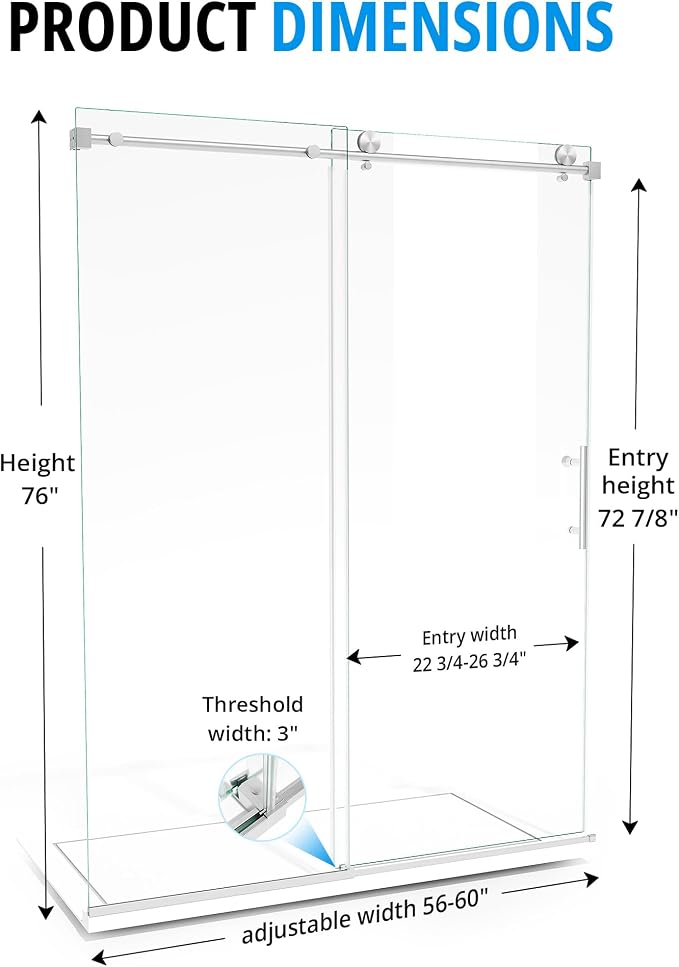 Frameless Sliding Shower Door 56–60 in W x 76 in H, 10mm Clear Tempered Glass - Image 8