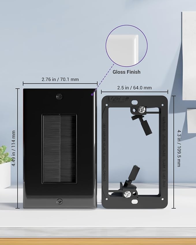 VCE Brush Wall Plate with Bracket, Cable Pass Through Insert Single Gang - Image 2