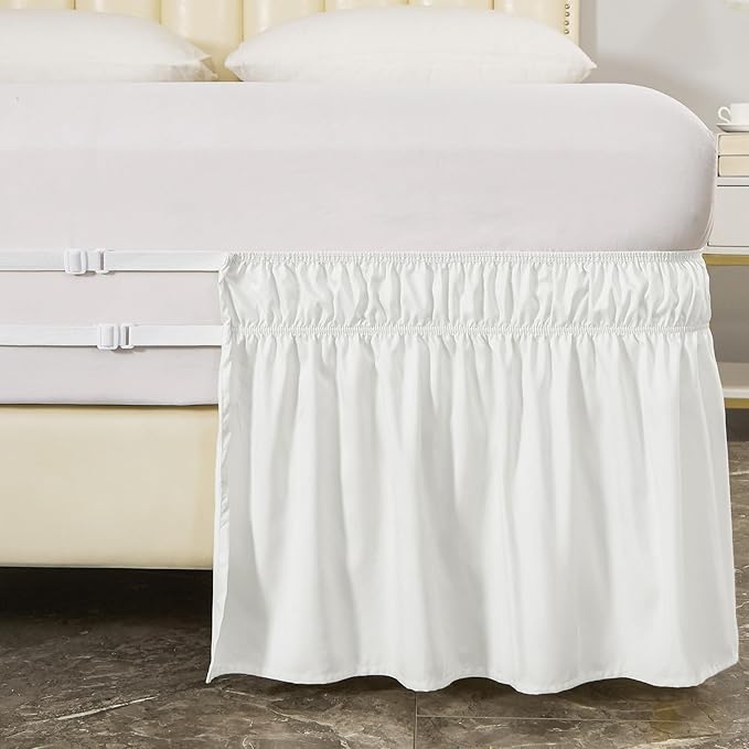 MEILA Wrap Around Bed Skirt Three Fabric Sides Elastic Dust Ruffled 14 Inch Tailored Drop,Easy to Install Fade Resistant-Natural White, Twin/Full