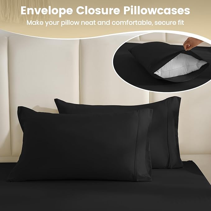 Twin XL Sheet Set - 3 Piece Silky Soft Breathable Bed Sheet & Pillowcase Set, 16" Deep Pocket Hotel Luxury Wrinkle Free Easy Care Bedding Sheets, Black