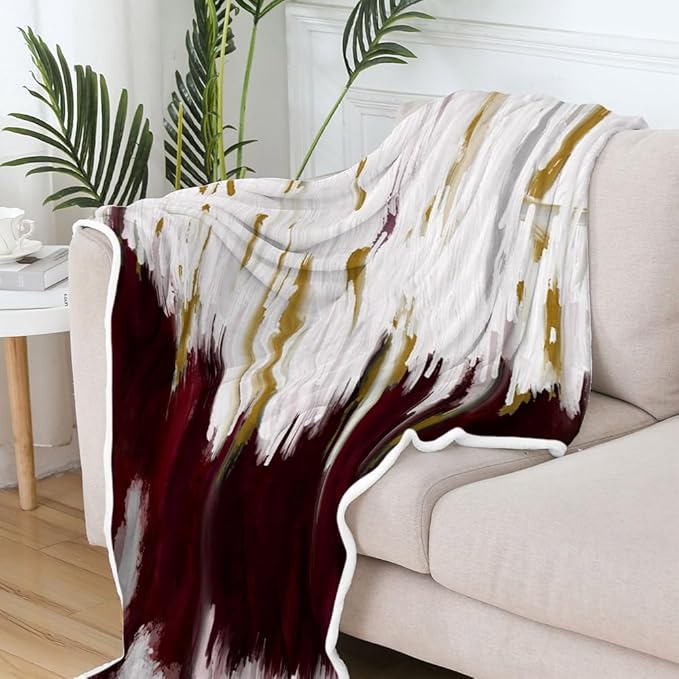 Abstract Ombre Throw Blankets, Modren Chic Art Oil Painting Cozy Warm Bed Couch Blanket, Burgundy Gold White Fleece Flannel Throws to Decorate The Room and Bedroom