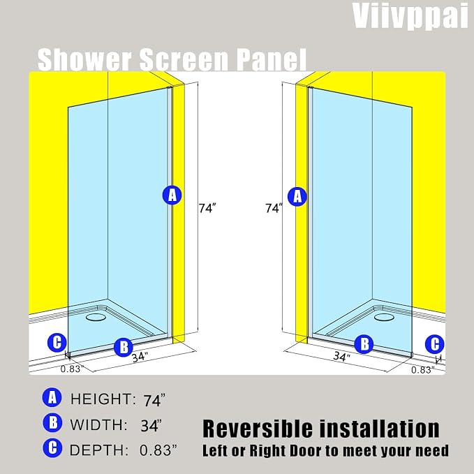 Shower Screen 34" x 74" Half Frameless Shower Wall Panel, Tempered Glass 3/8 - Image 3