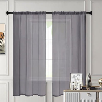 Sheer Curtains 54 Inches Long 2 Panels, Rod Pocket Short Curtain for Kitchen, Bedroom, Cafe Window(Grey 38" W x 54" L)