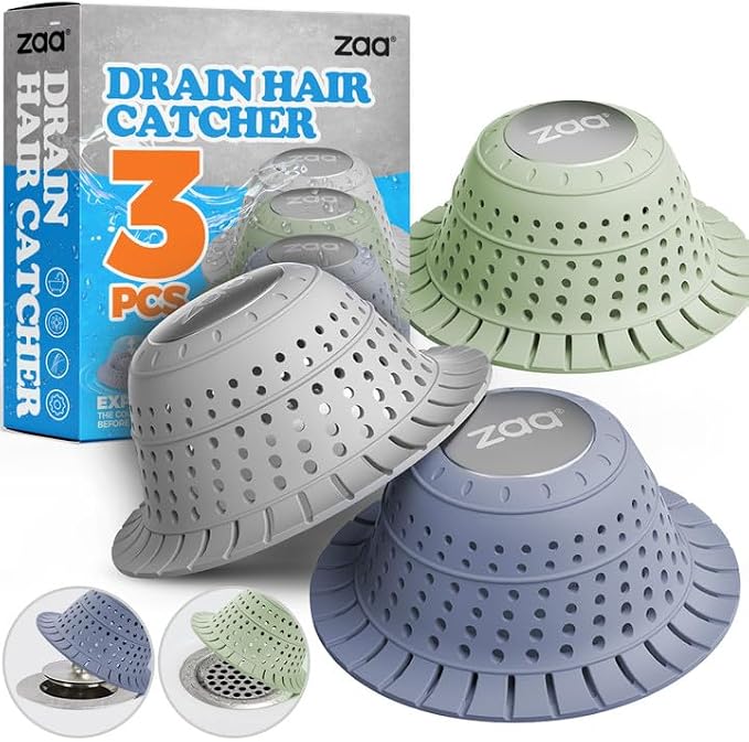 zaa Bathtub Drain Hair Catcher, Silicone Collapsible 3 Pack Drain Protector by zaa