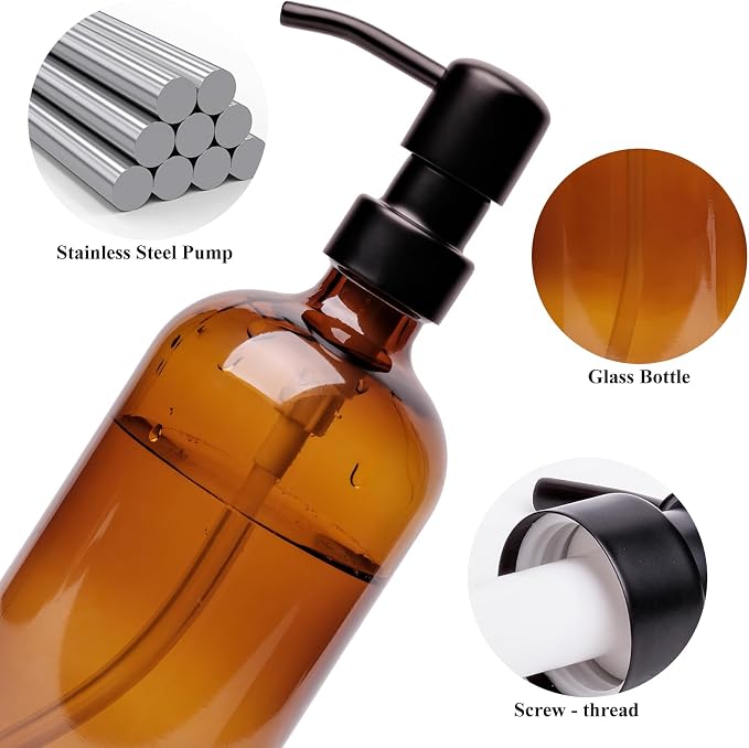 Amber Glass Soap Dispenser, 2 Pack Bathroom Kitchen Soap Dispenser Set - Image 3