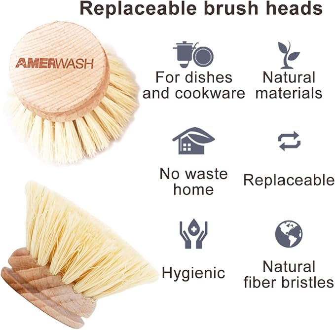 Classic Dish Brush Replacement Head 3 Packs, Natural Bristle Tampico Fiber - Image 2