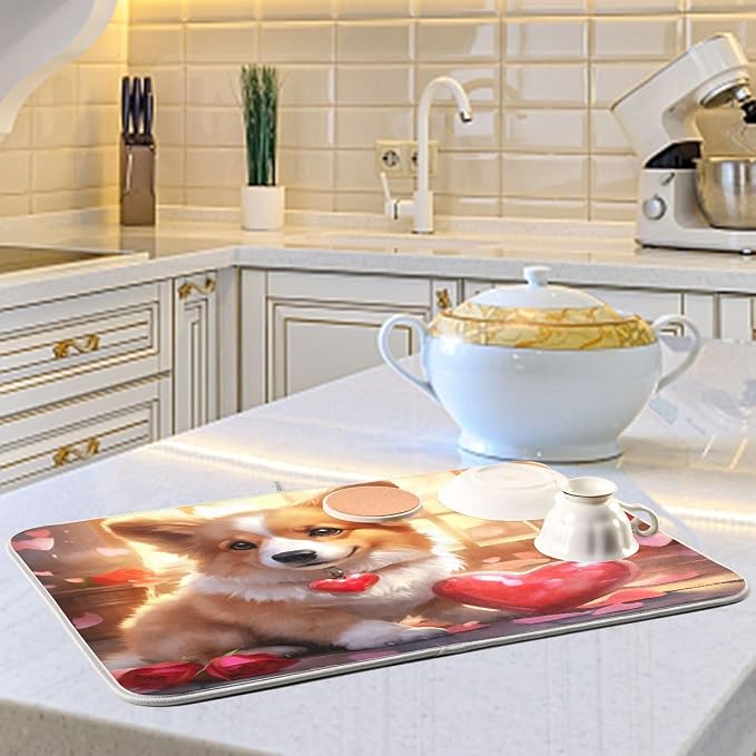 Dish Drying Mat Kitchen Counter Absorbent Valentine Corgi Coffee Sink Mat Dish - Image 6