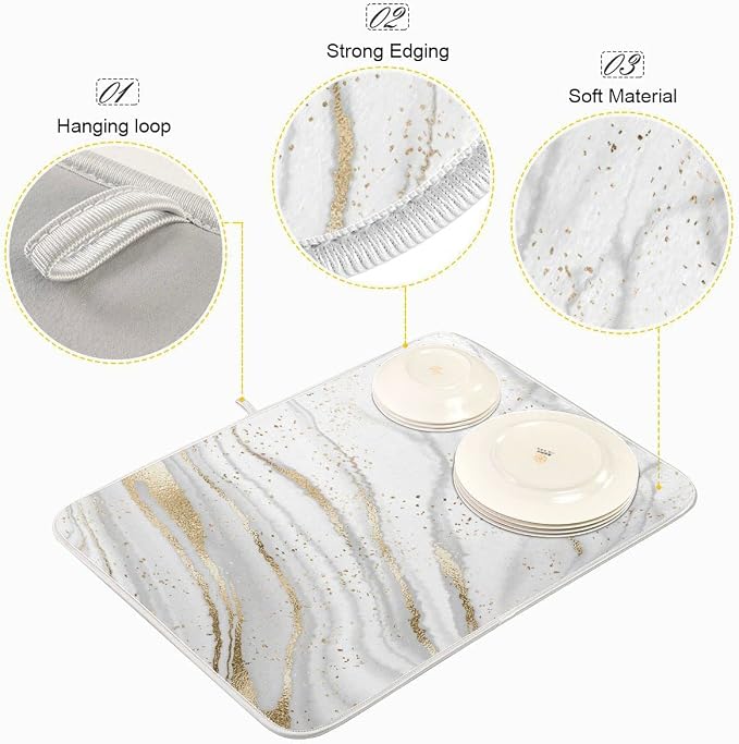 Marble Dish Drying Mat for Kitchen Counter White Golden Marble Gary Grey Drying - Image 4