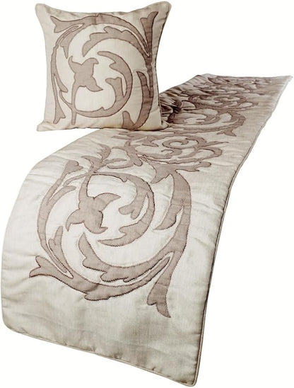 The HomeCentric Decorative Ivory & Beige Full 68 x 18 inch Bed Runner with Matching Pillow Cover, Linen Lurex Applique Bed Scarf, Abstract Modern - Pretty Dainty