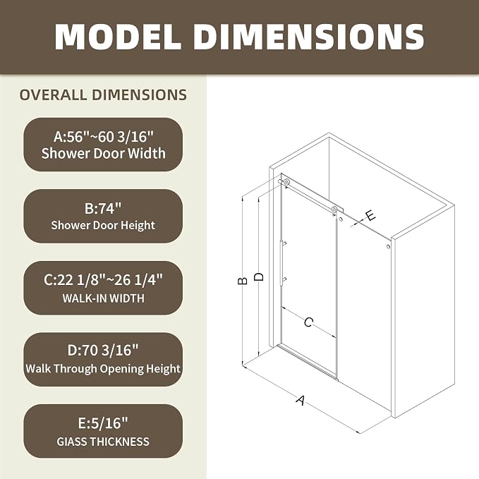Shower Door, 56-60" W x 74" H Frameless Single Sliding Shower Doors - Image 9