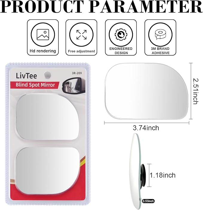 LivTee XLarge Blind Spot Mirror, Rounded Rectangle HD Glass Frameless Convex - Image 4