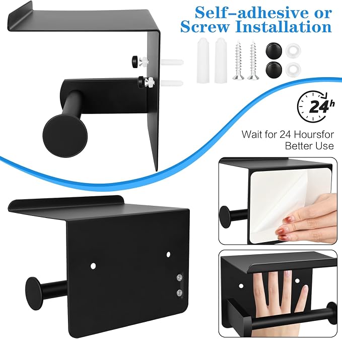 1pcs Toilet Paper Holder with Shelf and 1pcs Towel Ring Set, Matte Black - Image 2