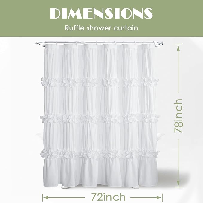 White Ruffle Shower Curtain, 72x78 Long Bathroom Curtain - Image 6