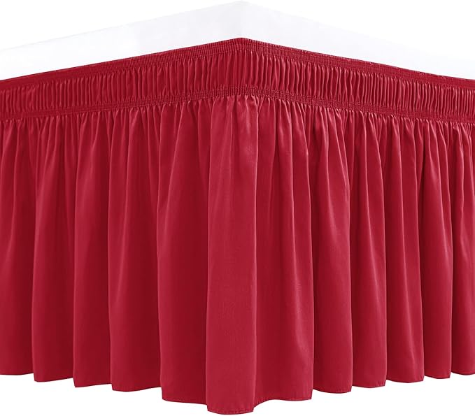Biscaynebay Wrap Around Bed Skirts for King & Cal King Beds 15" Drop, Christmas Red Adjustable Elastic Dust Ruffles Easy Fit Wrinkle & Fade Resistant Silky Luxurious Fabric Machine Washable