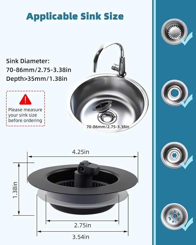 Universal 3 in 1 Kitchen Sink Drain Strainer Stopper Combo, Anti-Clog and Easy - Image 3