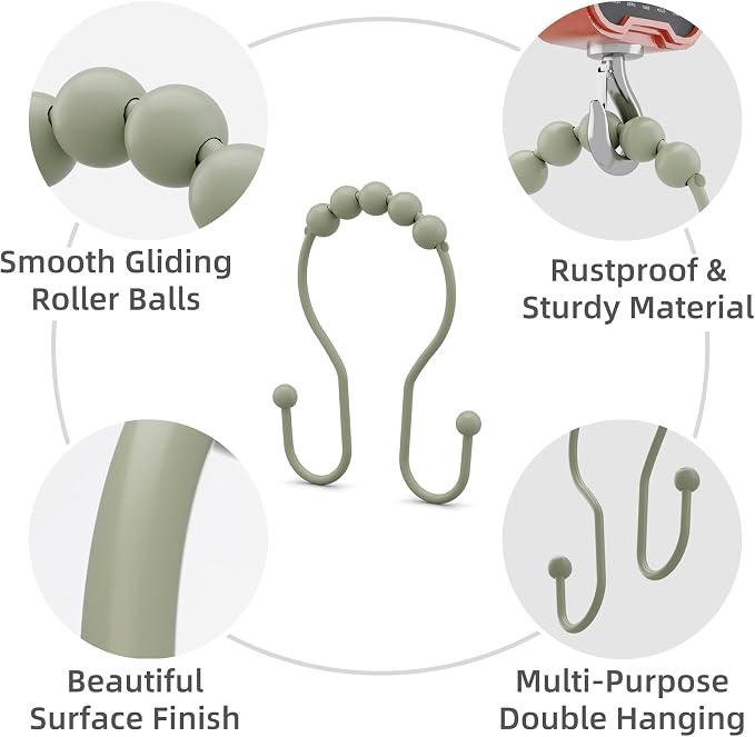Sage Green Shower Curtain Hooks Shower Curtain Rings Rust Proof Sturdy Metal - Image 3