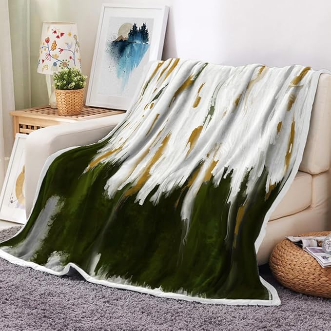Abstract Ombre Throw Blankets, Modren Chic Art Oil Painting Cozy Warm Bed Couch Blanket, Sage Green Gold White Fleece Flannel Throws to Decorate The Room and Bedroom