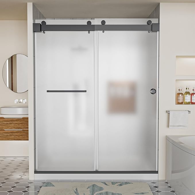 Frameless Shower Door, 56-60" W x 78" H 3/8" Thick Tempered Frosted Glass by Unknown