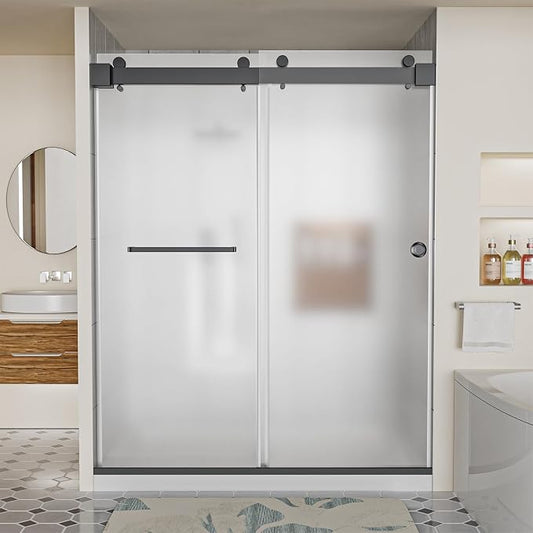 Frameless Shower Door, 56-60" W x 78" H 3/8" Thick Tempered Frosted Glass by Unknown