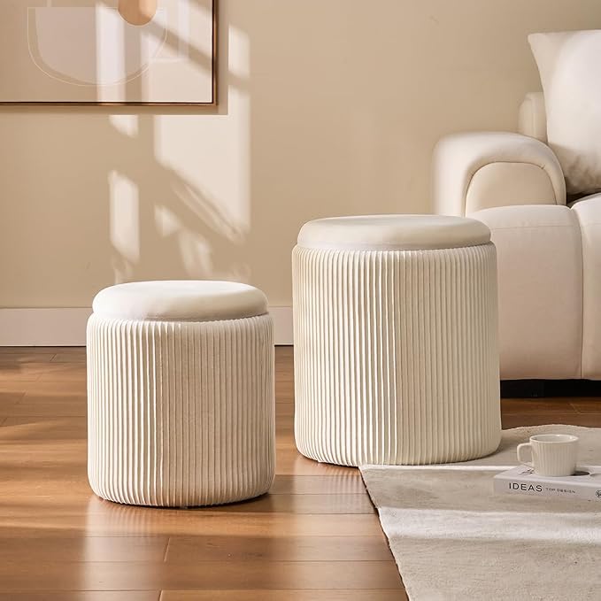 Round Set of 2 Ottoman with Storage-Upholstered Velvet Vanity Stool - Image 4
