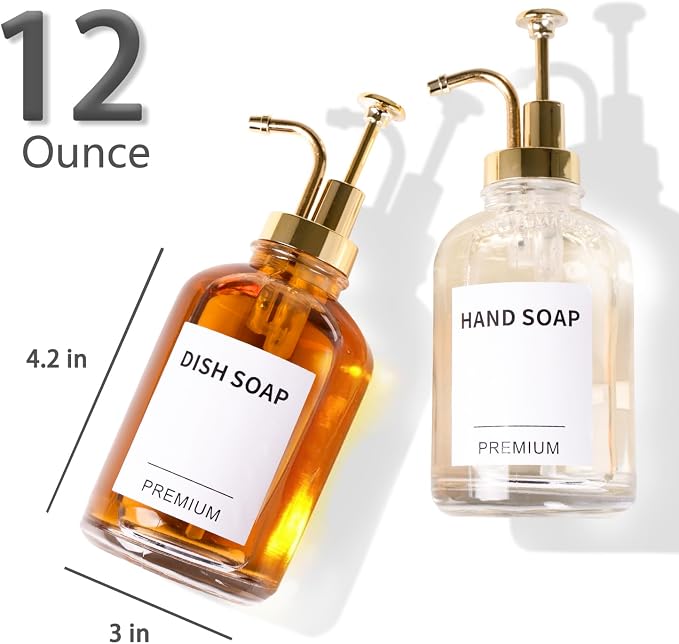 12oz Dish Soap Dispenser for Kitchen, Hand Glass Soap Dispenser Set - Image 3