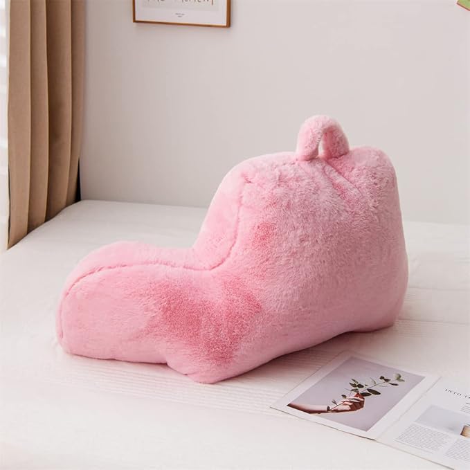 Holawakaka Standard Faux Fur Bed Rest Pillow with Arms, Rabbit Fur Reading Pillows Perfect for Adults, Teens, Kids, Arm, Back, Pregnancy Lumbar & Head Neck Coccyx Lower Back Support Cushion (Pink)