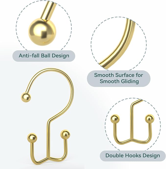 Goowin Shower Curtain Hooks, Durable Gold Shower Curtain Hooks, Double Glide - Image 4