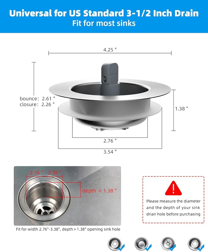 Hibbent Upgraded 2 Pack 3 in 1 Kitchen Sink Drain Strainer and Stopper Combo - Image 7
