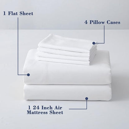 Air Mattress Sheet Set for 16-24 Inch Air Beds Queen Size,Deep Pocket Fitted Sheet with Inflation Opening,Soft & Breathable, for Guests, Camping, RVs, Includes Pillowcase Flat Sheet Fitted Sheet,White