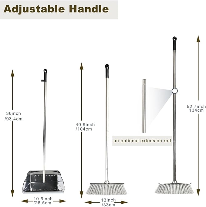 Metal Dustpan with Broom Set, Long Handle Stainless Steel Dustpan, Heavy Duty - Image 2
