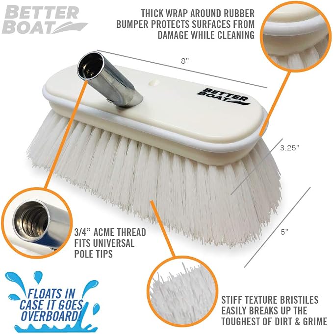 Stiff Boat Deck Brush, Heavy-Duty Marine Brush Head, 3/4" Thread Handle - Image 2