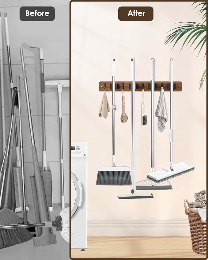 Broom Holder Wall Mounted, 4 Holders and 4 Hooks Mop Holder, Wooden Mop and - Image 2
