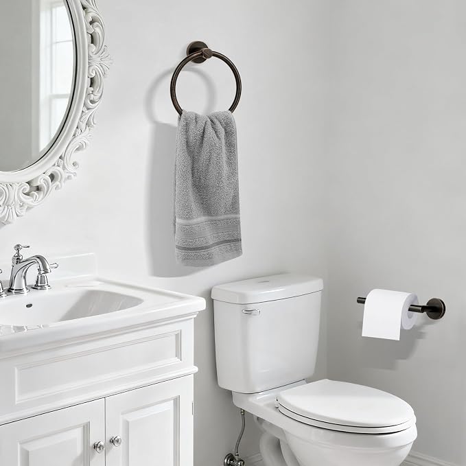 Oil Rubbed Bronze Toilet Paper Holder, Stainless Steel Towel Ring, Double Post - Image 2
