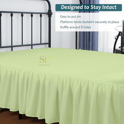 Shreem Linen Ruffled Bed Skirt with Split Corners, Gathered Style, 100% Microfiber, 16-Inch Drop, Dust Ruffle Bedskirt with Platform, Olympic Queen, Sage