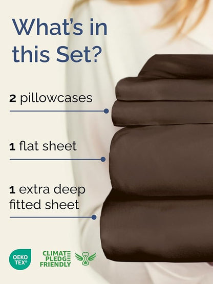 Extra Deep Pocket Cal King Sheets - 4 Piece Breathable & Cooling Bed Sheets - Hotel Luxury Bed Sheet Set - Soft, Wrinkle Free & Comfy - Easily Fits Extra Deep Mattresses - Deep Pocket Brown Sheets Set