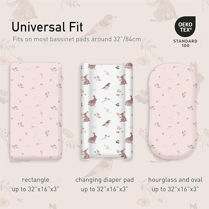 Gllquen Baby Bassinet Sheets Set 2-Pack, Breathable Cozy Bassinet Fitted Sheet Universal Fit Standard Mattress Oval Rectangle Cradle Baby Sheets for Baby Boy Girls Unisex 32"x16"(Rabbit)