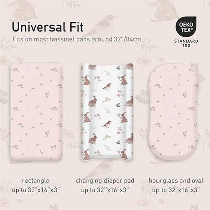 Gllquen Baby Bassinet Sheets Set 2-Pack, Breathable Cozy Bassinet Fitted Sheet Universal Fit Standard Mattress Oval Rectangle Cradle Baby Sheets for Baby Boy Girls Unisex 32"x16"(Rabbit)