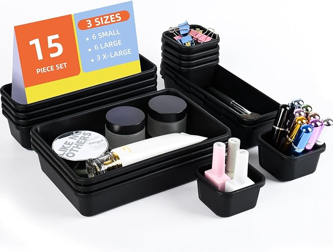 15 Piece Drawer Organizer Set, 3 Size Interlocking Plastic Storage Bins - Image 8