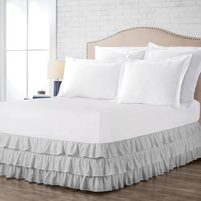 Multi-Ruffle Bed Skirt, Soft Multi Elastic Dust Ruffles with Wrap Around Bed Skirt Easy Fit with 18 Inch Drop 100% Cotton 800 Thread Count (Short Queen, Light Grey)