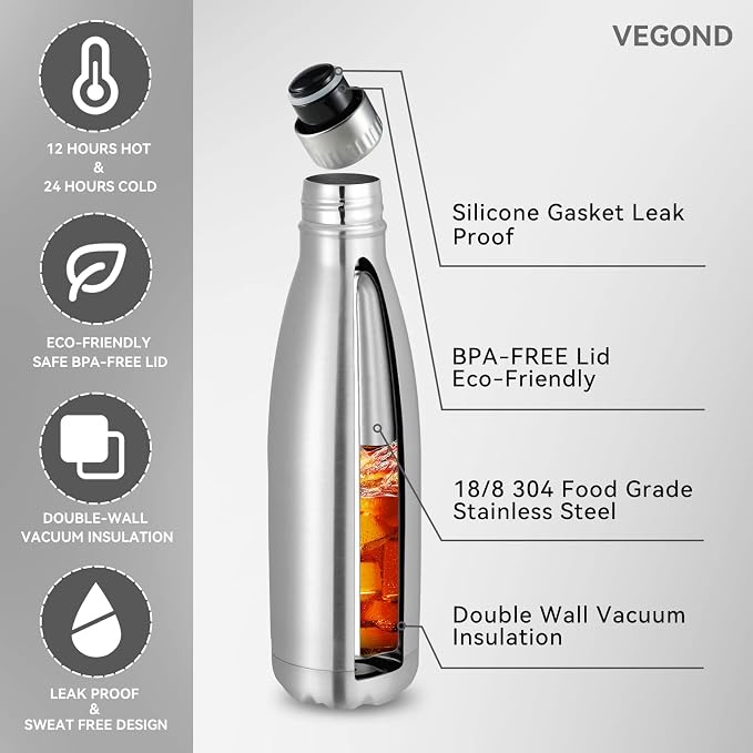 VEGOND 17oz Stainless Steel Water Bottles Bulk, Reusable Metal Sports Water - Image 2