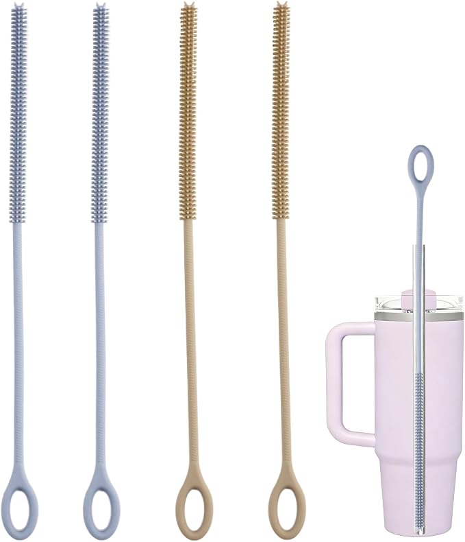 4Pcs Reusable Silicone Straw Cleaner Brush Extra Long, Soft Bendable, Non-Slip by IAXSEE