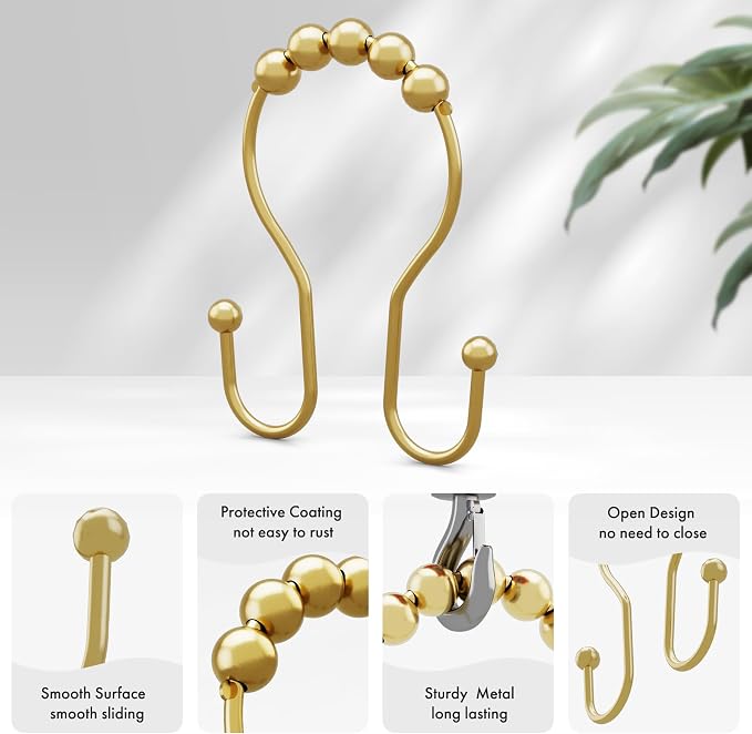 AmazerBath 12Pcs Gold Metal Double Shower Curtain Hooks & Rings, Rust Proof - Image 2