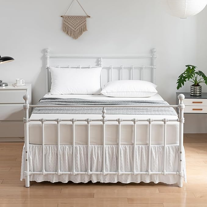 Tufted Dot Bed Skirt King Size Ruffled Bed Skirt with Split Corners, 16 Inch Drop Dust Ruffle Bed Skirts with Platform, White