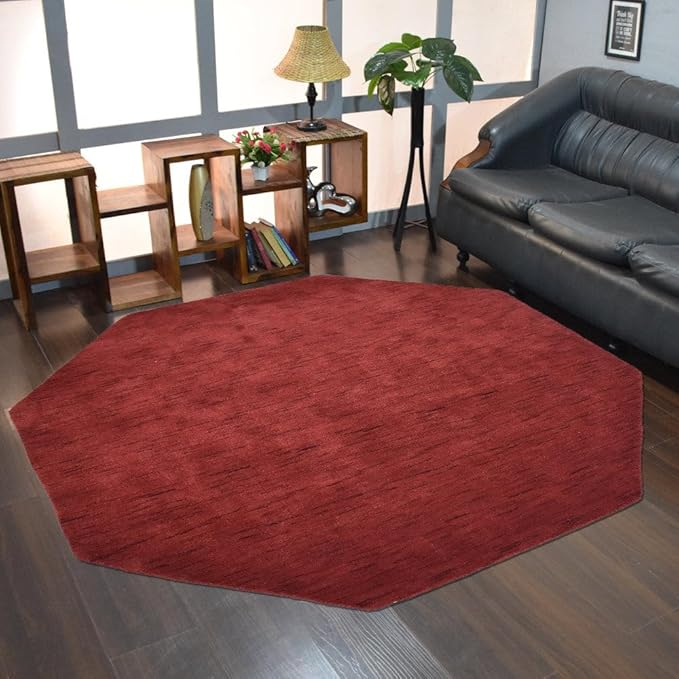 Hand Knotted Loom Wool ECO-Friendly Area Rugs - 6'x6', Octagon, Red Color, Solid Plain Design, High Pile Thick Handmade Anti Skid Area Rugs for Living Room, Bed Room (L00111)
