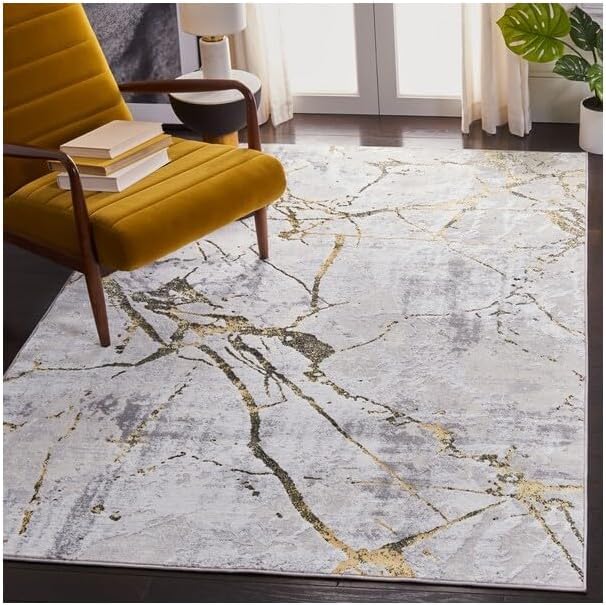 SAFAVIEH Amelia Collection Area Rug - 10' Square, Grey & Gold, Modern Abstract Design, Non-Shedding & Easy Care, Ideal for High Traffic Areas in Living Room, Bedroom (ALA293G)