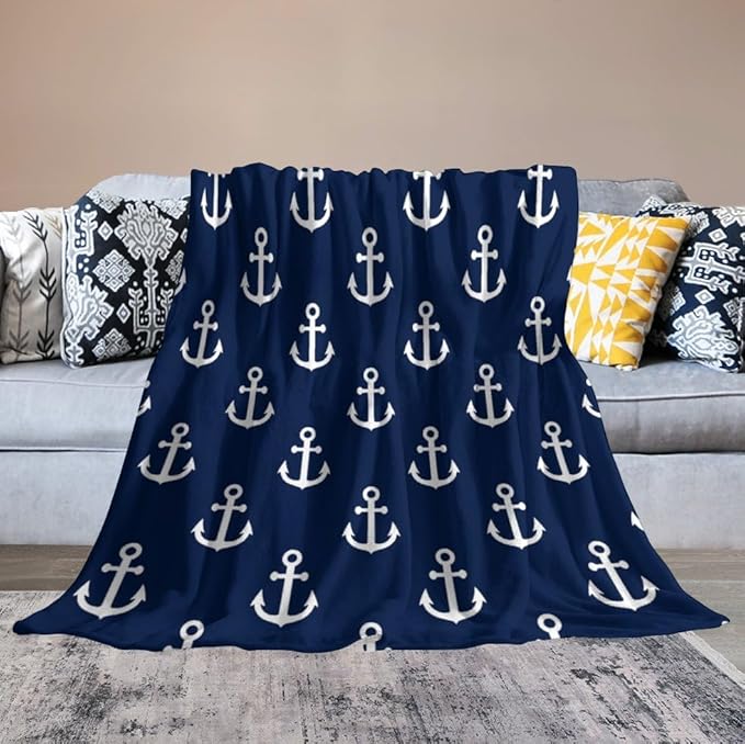 Anchor Blanket Vintage Rustic Ocean Nautical Style Navy Blue White Soft Cozy Lightweight Throw Blanket for Kids Girls Boys Women Men Bedroom Living Room Dorm Chair Sofa Travel 60x80in