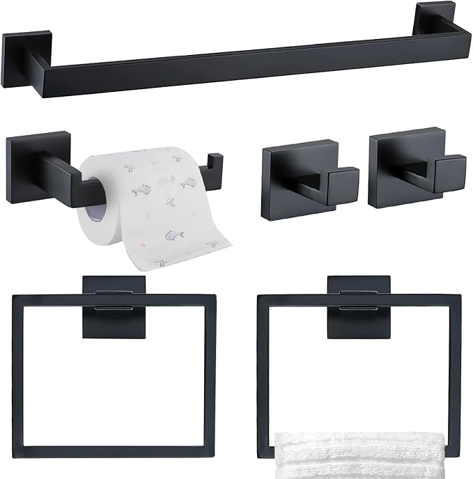 TQKAG 6-Piece Bathroom Towel Bar Sets Matte Black 23.6 inch Towel Bar Stainless by TQKAG