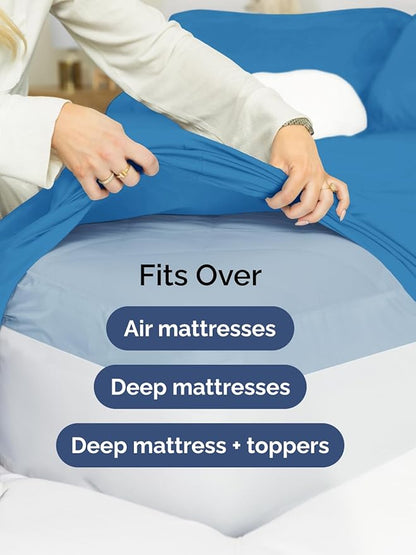 Extra Deep King Fitted Sheet - Hotel Luxury Single Fitted Sheet Only - Easily Fits 18 inch to 24 inch Mattress - Ultra Soft, Wrinkle & Fade Free w/Extra Deep Pockets - Breathable & Comfy - Denim Blue